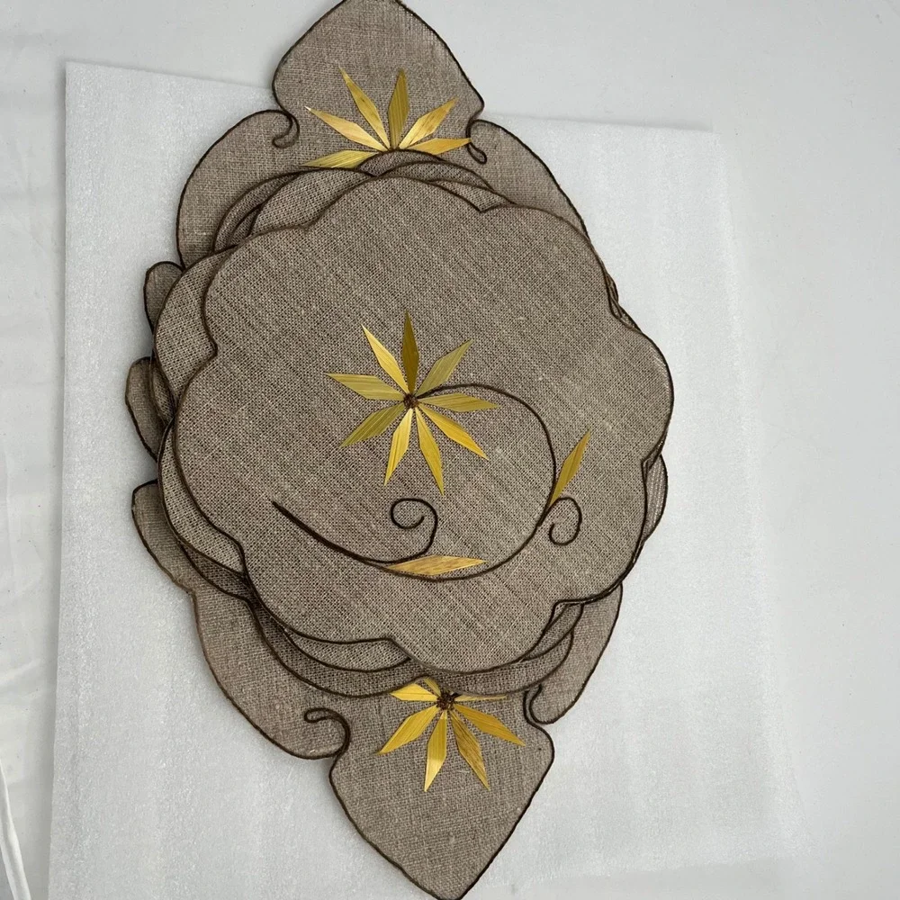 Vintage 7 pc Burlap Placemat Set Bamboo Flower Appliqué Handmade Boho Table Rare